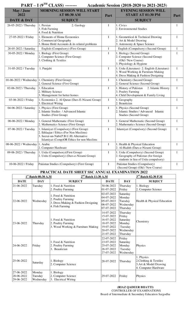 Time Schedule for 9th Class Matric Date Sheet 2023 Annual Exams
